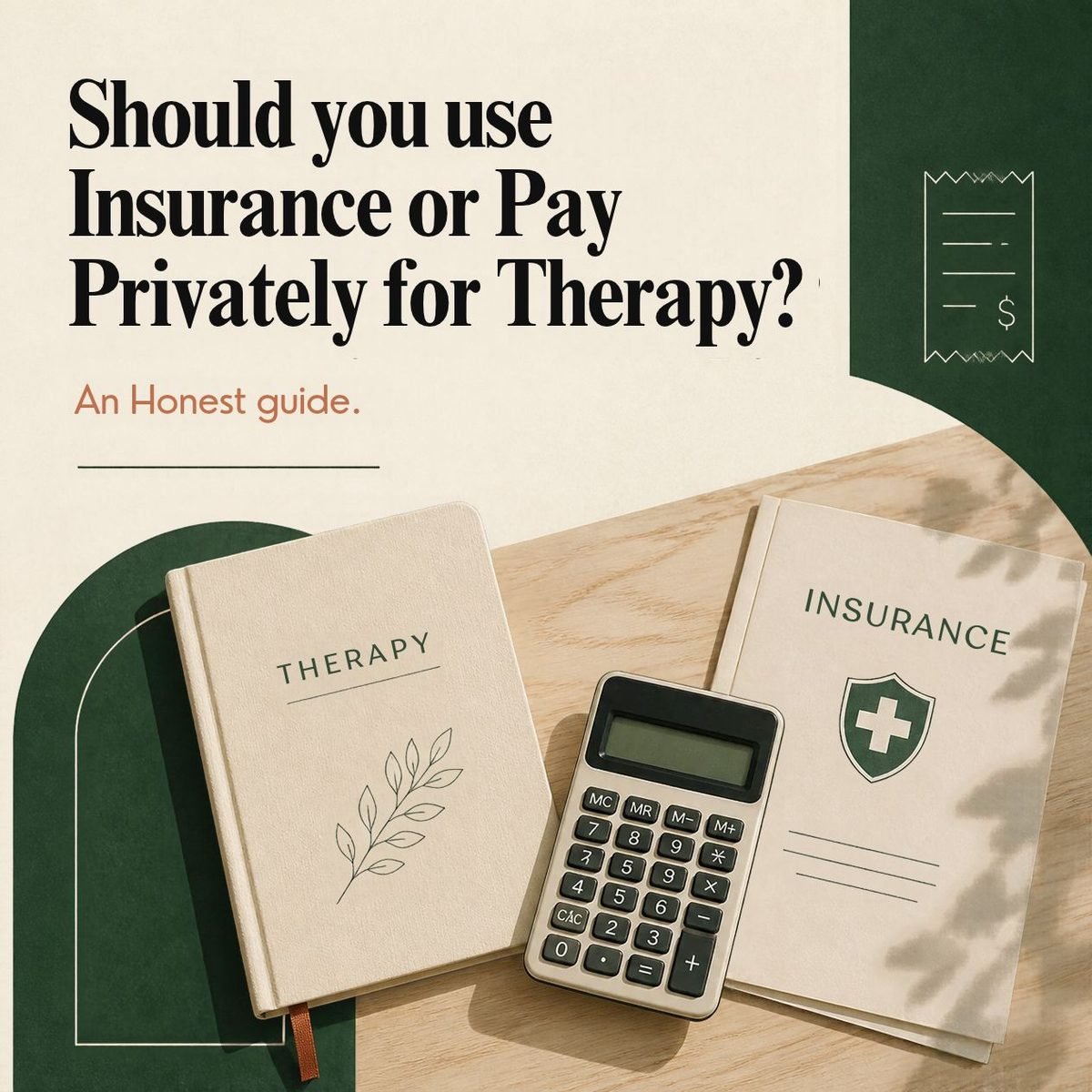 A therapy journal, calculator and insurance booklet on a wooden table