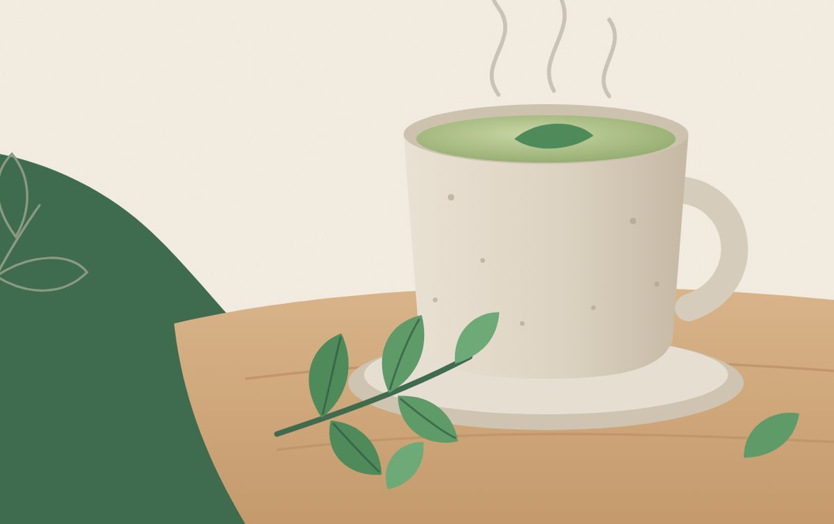 A mug of mint tea with fresh mint sprigs on a wooden table